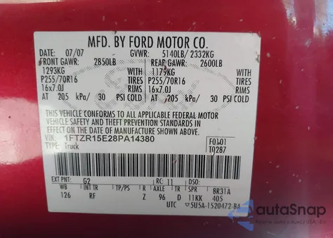 2008 Ford Ranger Fx4 Off-Road/Sport/Xl/Xlt из США, поврежденный, VIN 1FTZR15E28PA14380